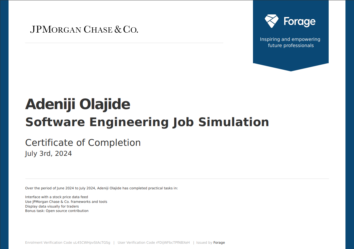 JP Morgan Software Engineering Job Simulation Certificate