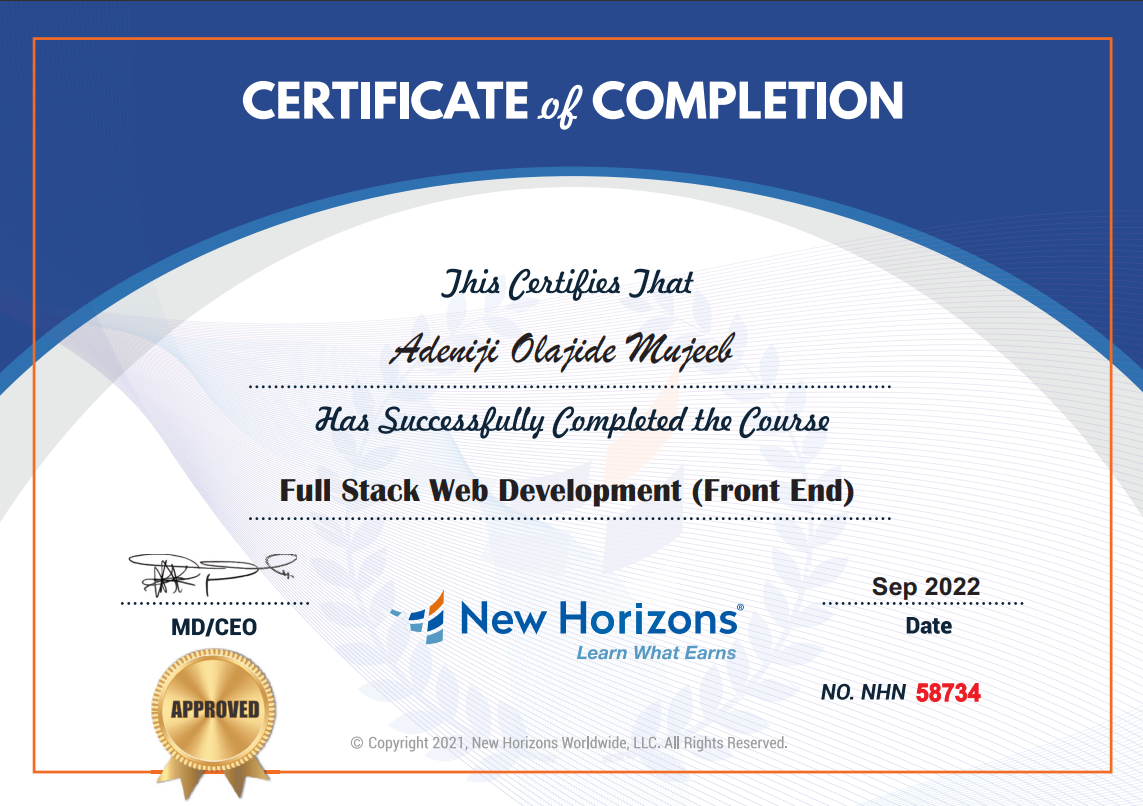 New Horizon Full Stack Web Developer Certificate